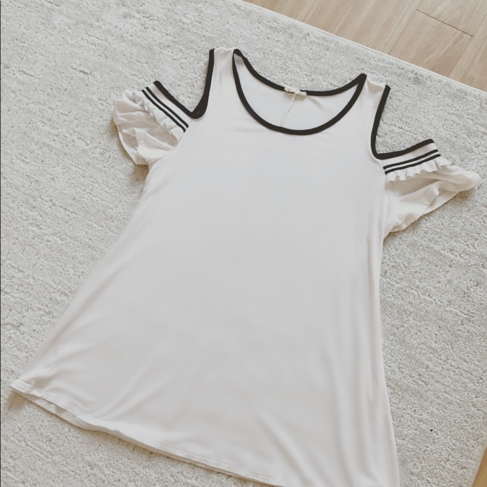 Boutique Cold Shoulder Varsity Ruffle Sleeve Top